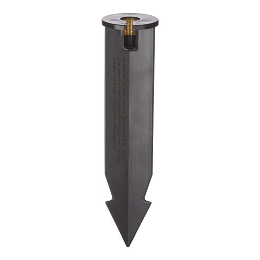 Black metal stake with a threaded top on a white background