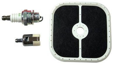 An Echo tune-up kit including a fuel filter, air filter, and spark plug for power tool blowers.