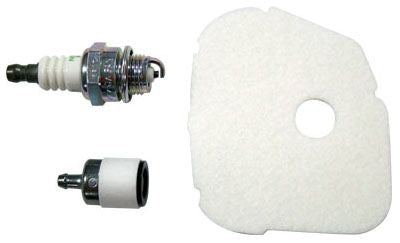 Chainsaw tune-up kit consisting of a white air filter, a black and white spark plug, and a fuel filter.