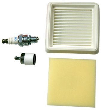An Echo Tune-Up Kit including a fuel filter, air filter, pre-filter, and a spark plug for power tools.